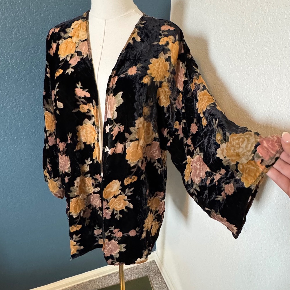 Boho Floral Burnout Velvet Kimono Shawl Unbranded Open Cardigan OS Black Yellow